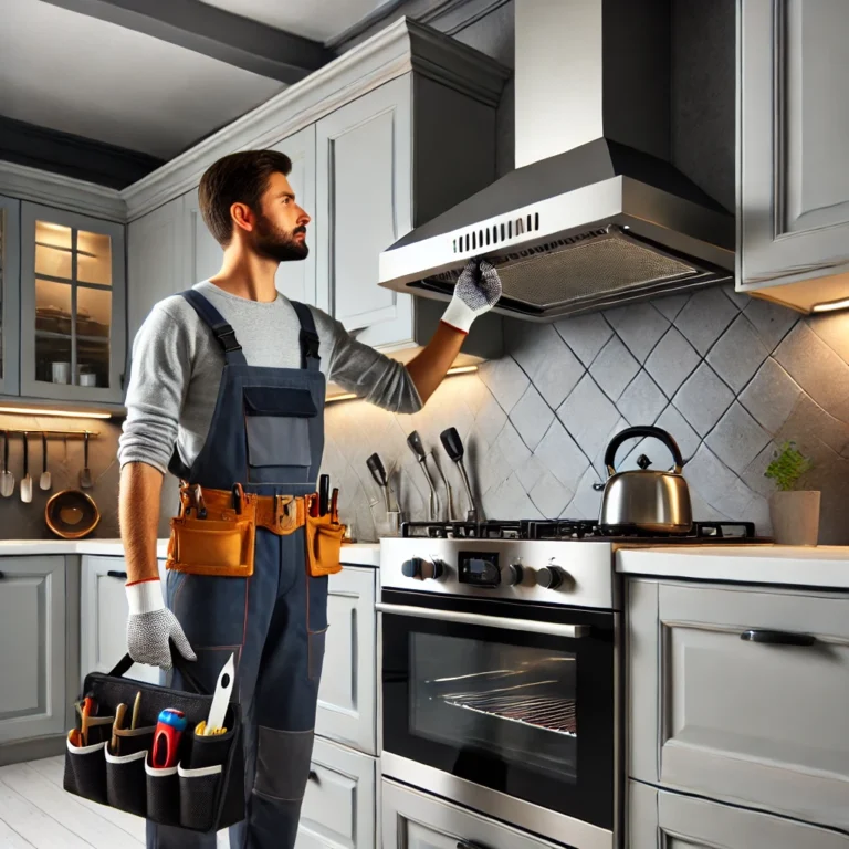 dall·e 2024 09 25 22.20.48 a professional chimney repair technician working in a modern modular kitchen. the technician is wearing work overalls gloves and a tool belt or carr 768x768